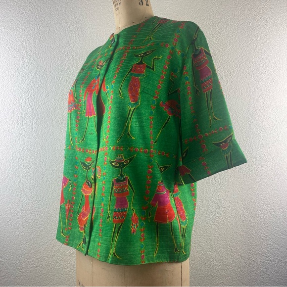 Vintage l 60s M Novelty Tribal Fashionista Kitty Black Cat Cuff Sleeve Blouse - Picture 4 of 16